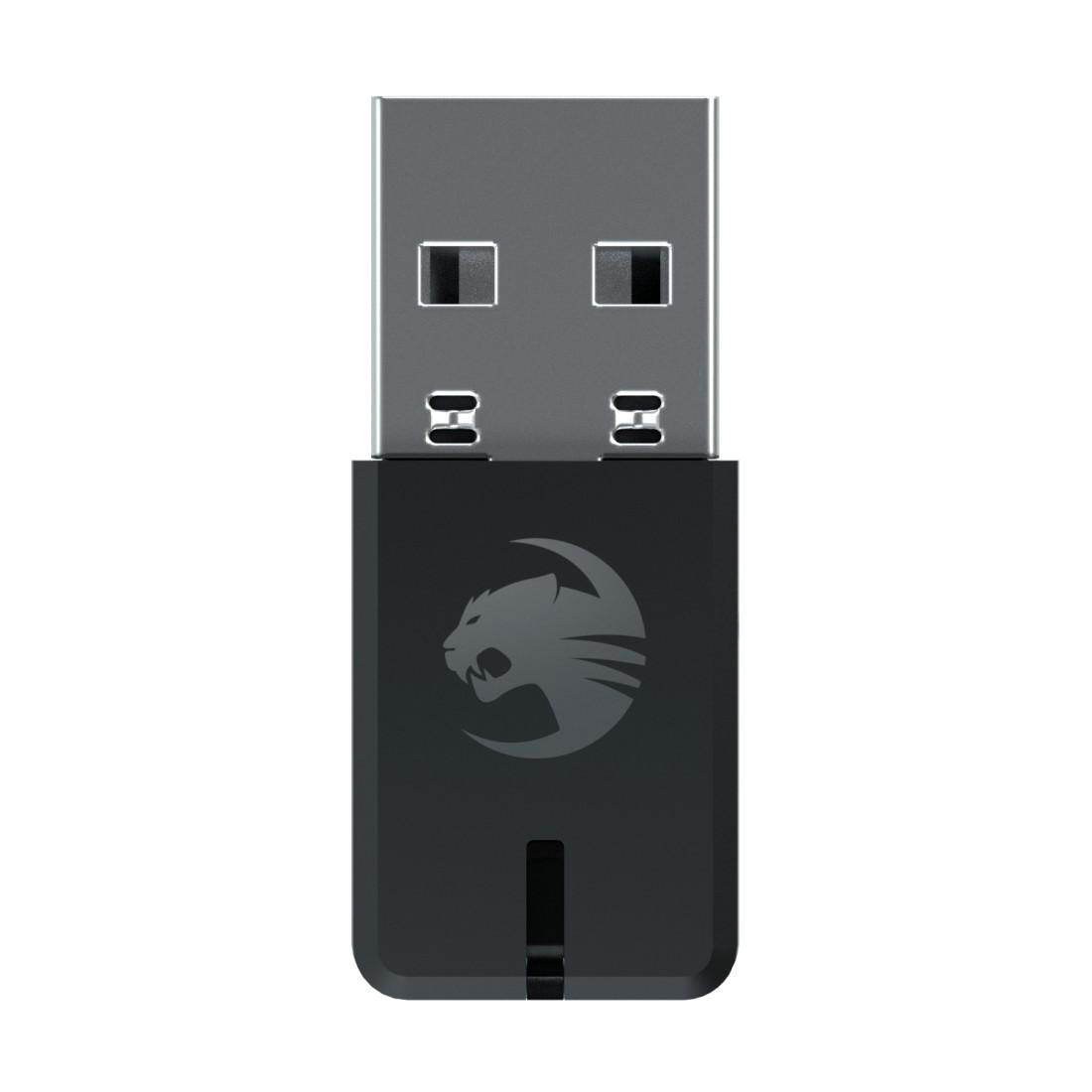 Schwarzer und grauer USB-Dongle. Logo auf der Vorderseite, USB-Anschlüsse sichtbar.