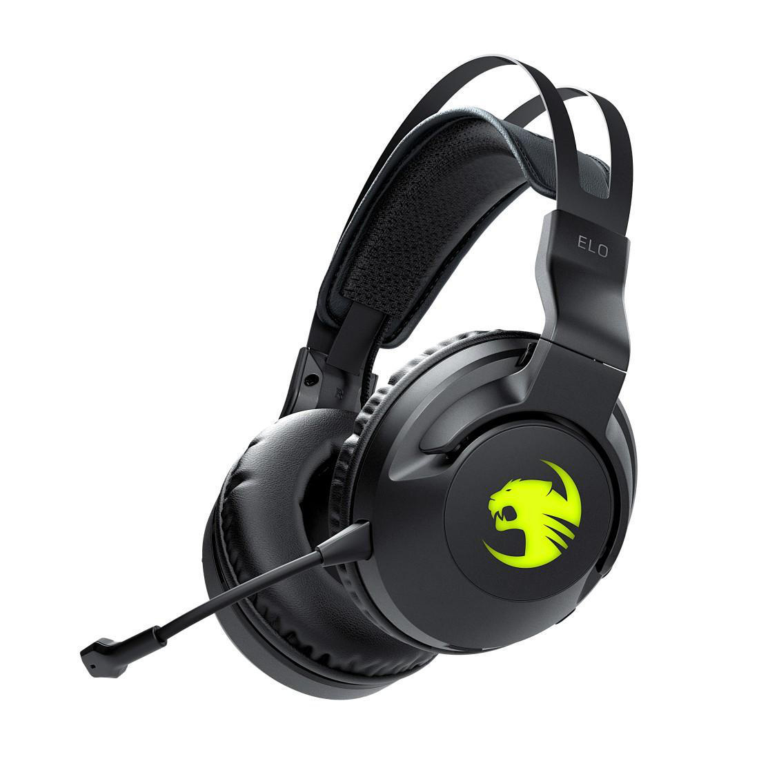 Schwarzes Roccat ELO Gaming-Headset mit Mikrofon und gelbem Logo auf der Ohrmuschel.