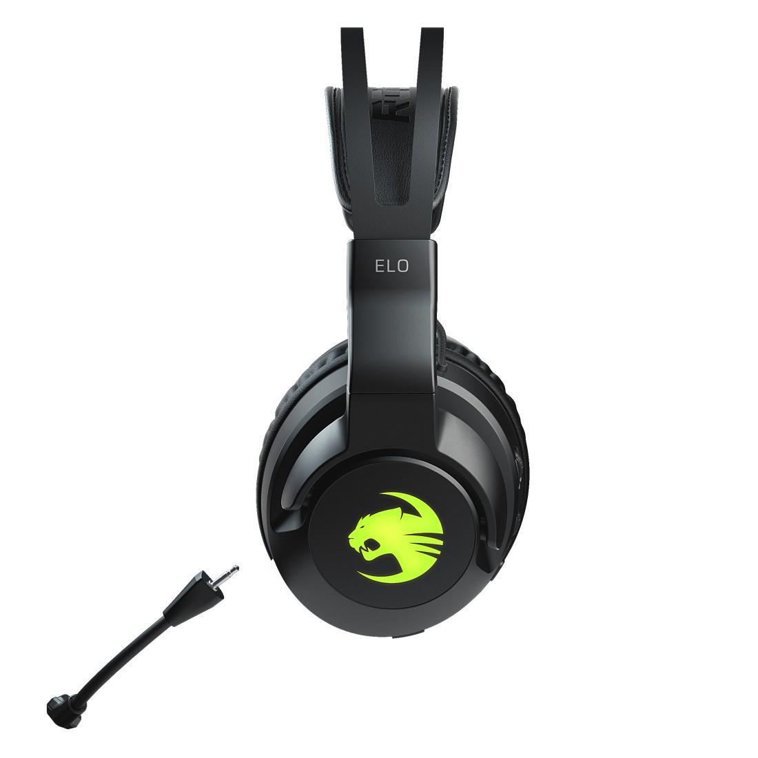 Schwarzes, kabelloses Headset, Modell ELO, mit Mikrofon.