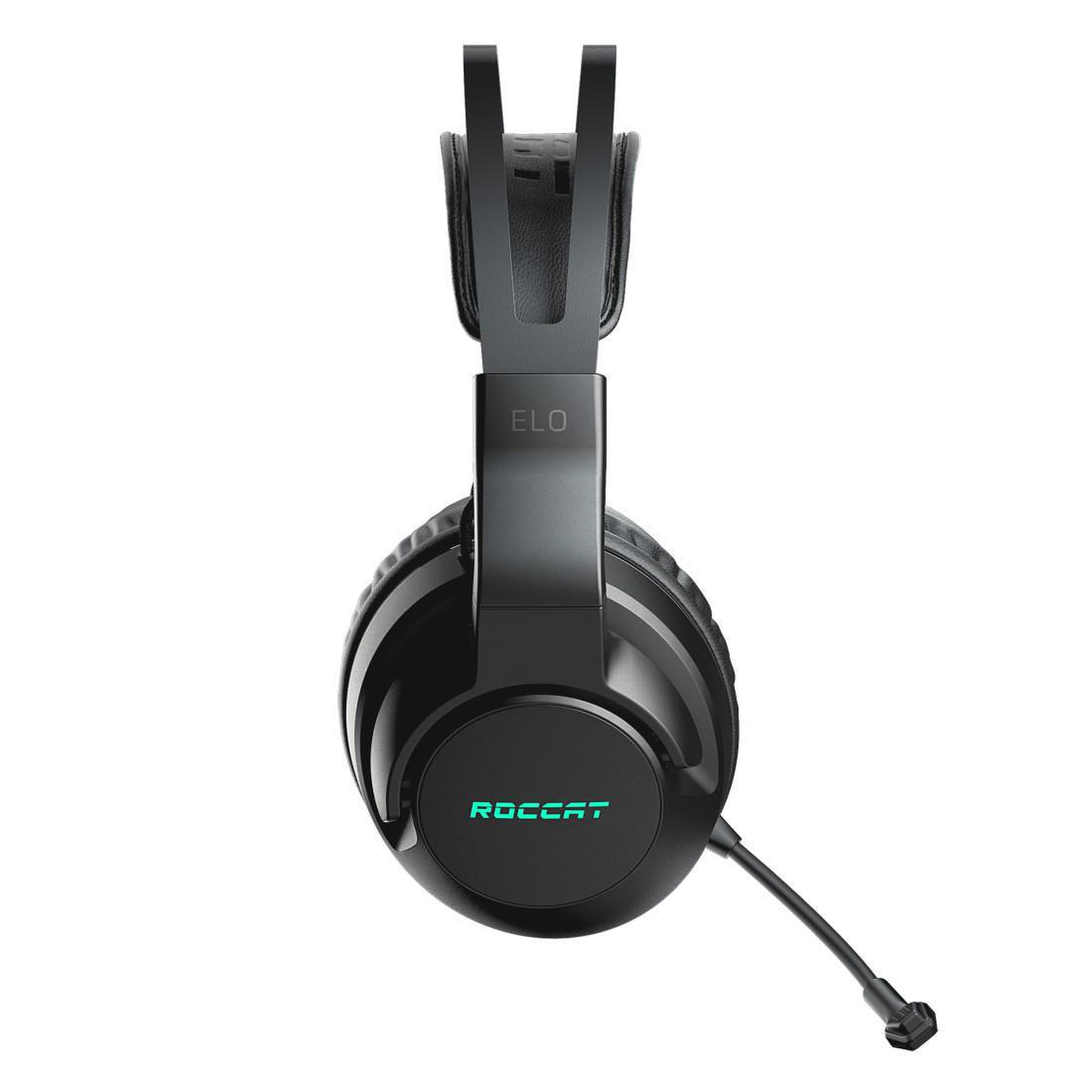 Schwarzes Roccat ELO Headset. Zeigt die Ohrmuscheln, das Kopfband und ein Mikrofon, das sich von der linken Ohrmuschel erstreckt.