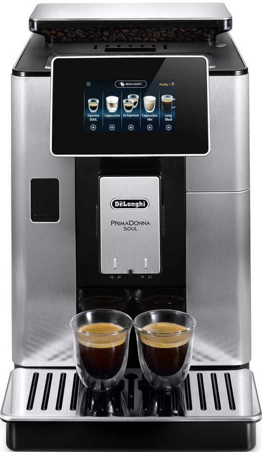 Eine De'Longhi Primadonna Soul Kaffeemaschine mit zwei Espressogläsern davor.