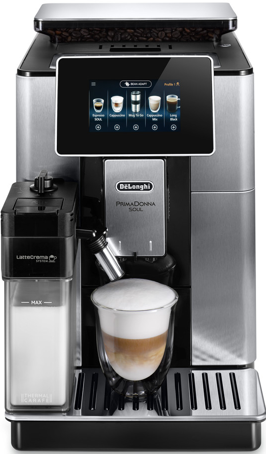 Eine silberne und schwarze DeLonghi PrimaDonna Soul Kaffeemaschine.