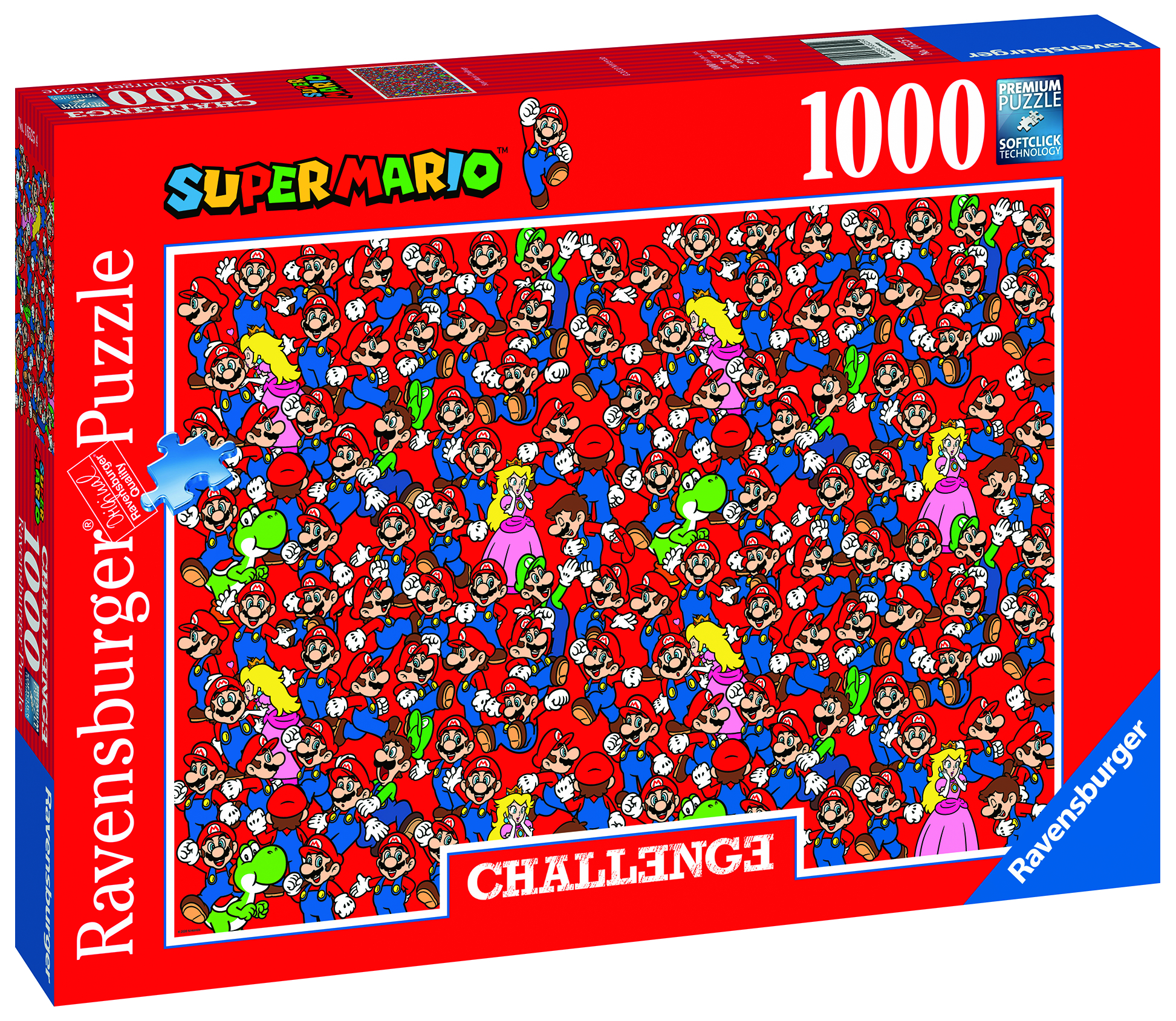 Rote Puzzledose, 1000 Teile, mit Super Mario Charakteren.