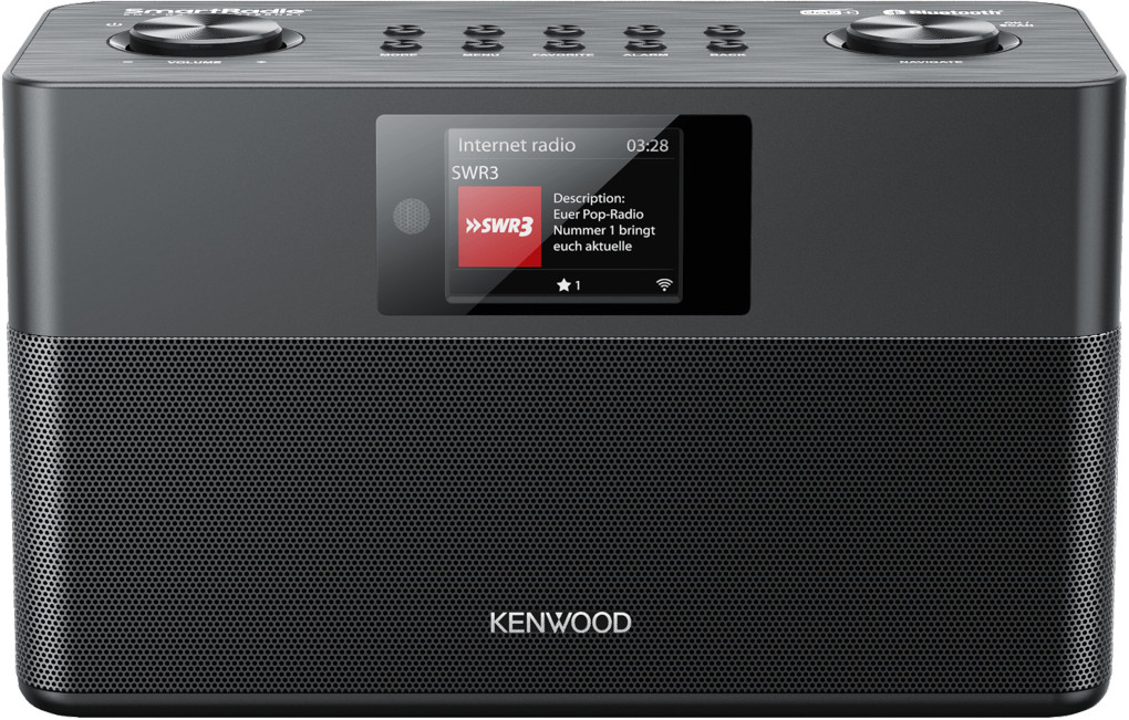 Radio intelligente Kenwood avec écran affichant les détails de la radio Internet. Noir avec grille haut-parleur.