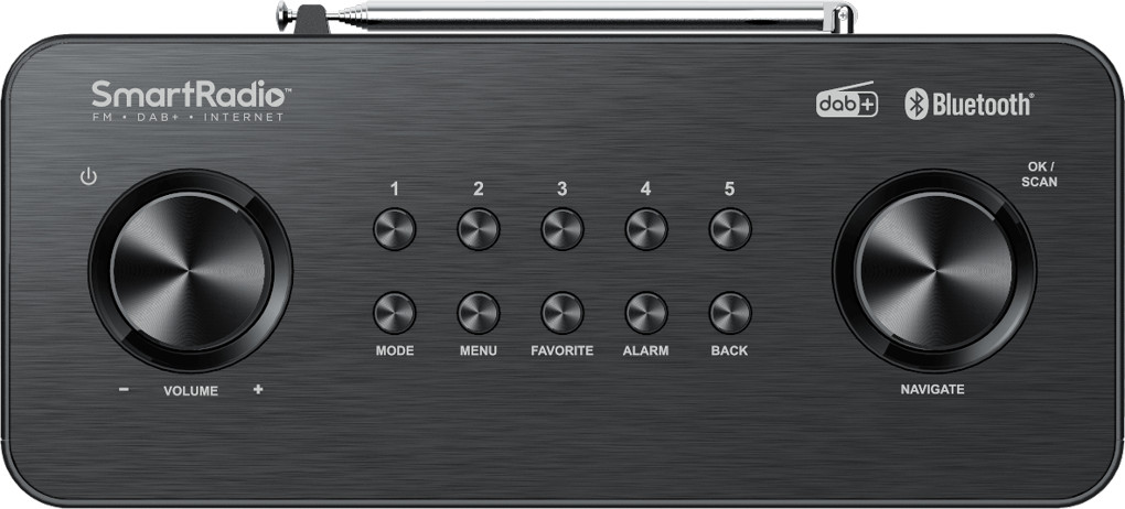 SmartRadio noir avec boutons pour les fonctions comme le volume, le mode, le menu et les favoris. Écran.