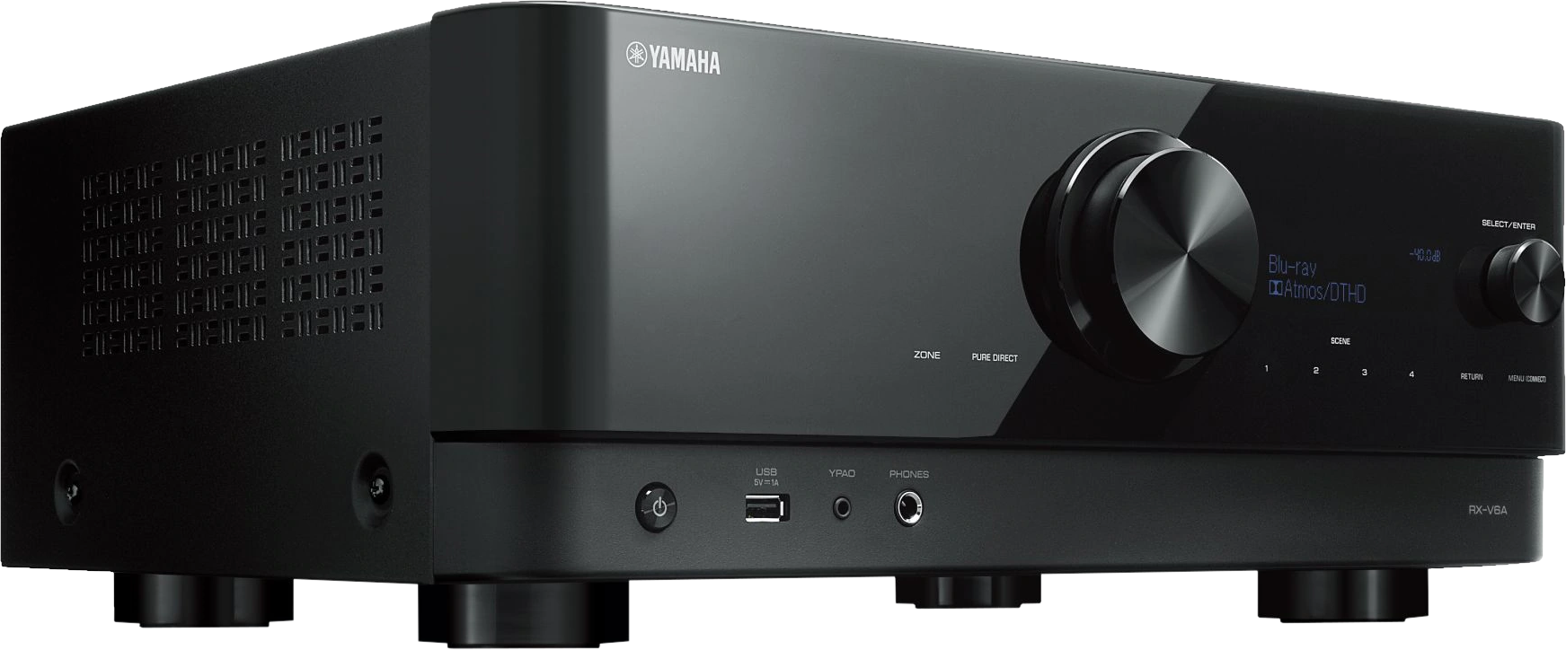 Schwarzer Yamaha RX-V6A AV-Receiver. Er hat Knöpfe und ein Display.