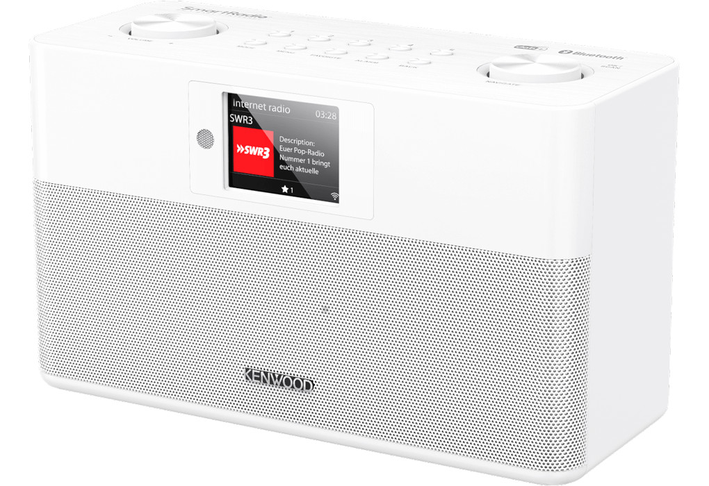 Witte Kenwood-radio met een display en luidsprekergrille.