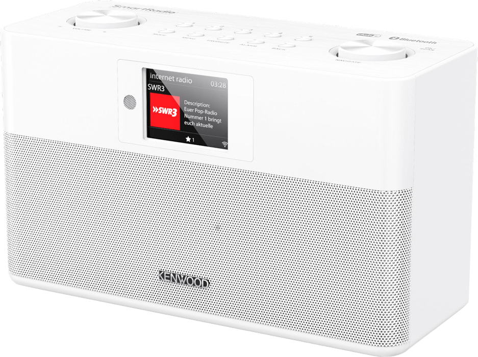 Witte Kenwood-radio met scherm met radio-info. Knopjes aan de bovenkant.