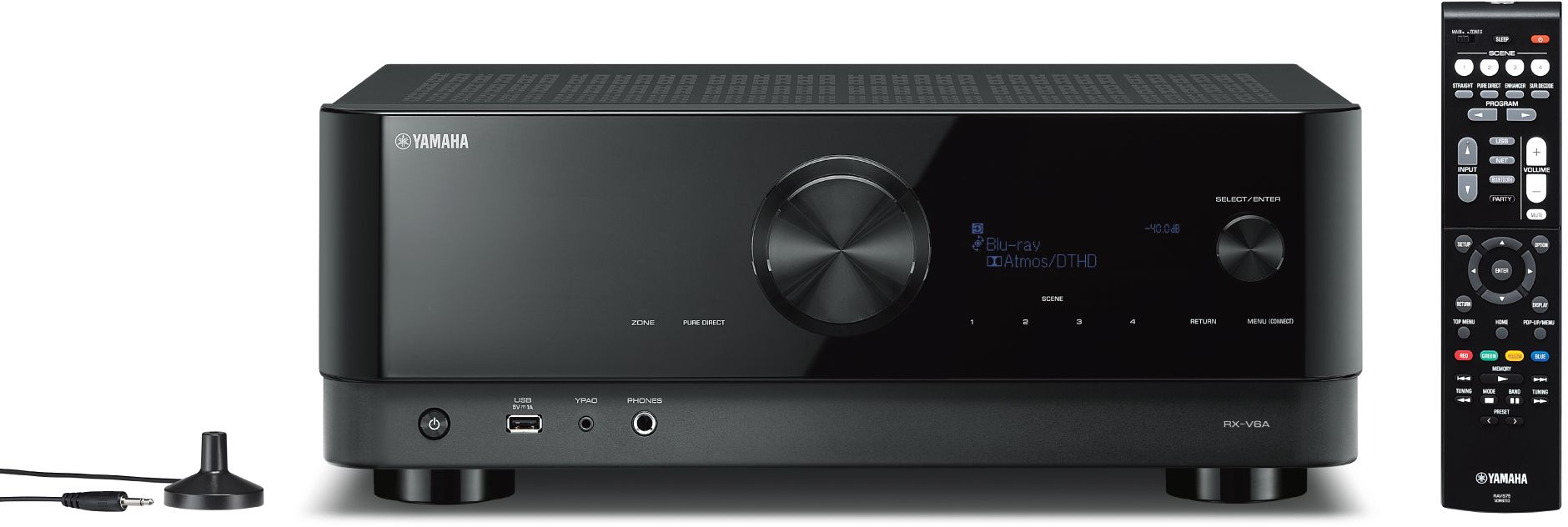Schwarzer Yamaha-Audio-Receiver mit Fernbedienung, Antenne und dunklem Hintergrund.