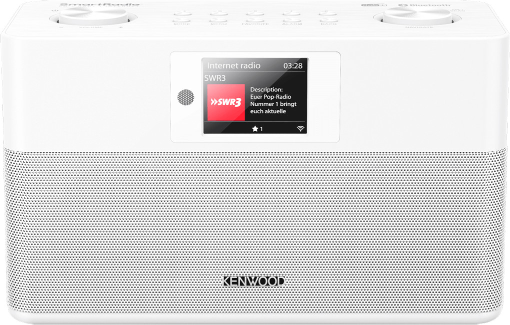 Een witte Kenwood SWR3 internetradio met een radiostation en tijdweergave.