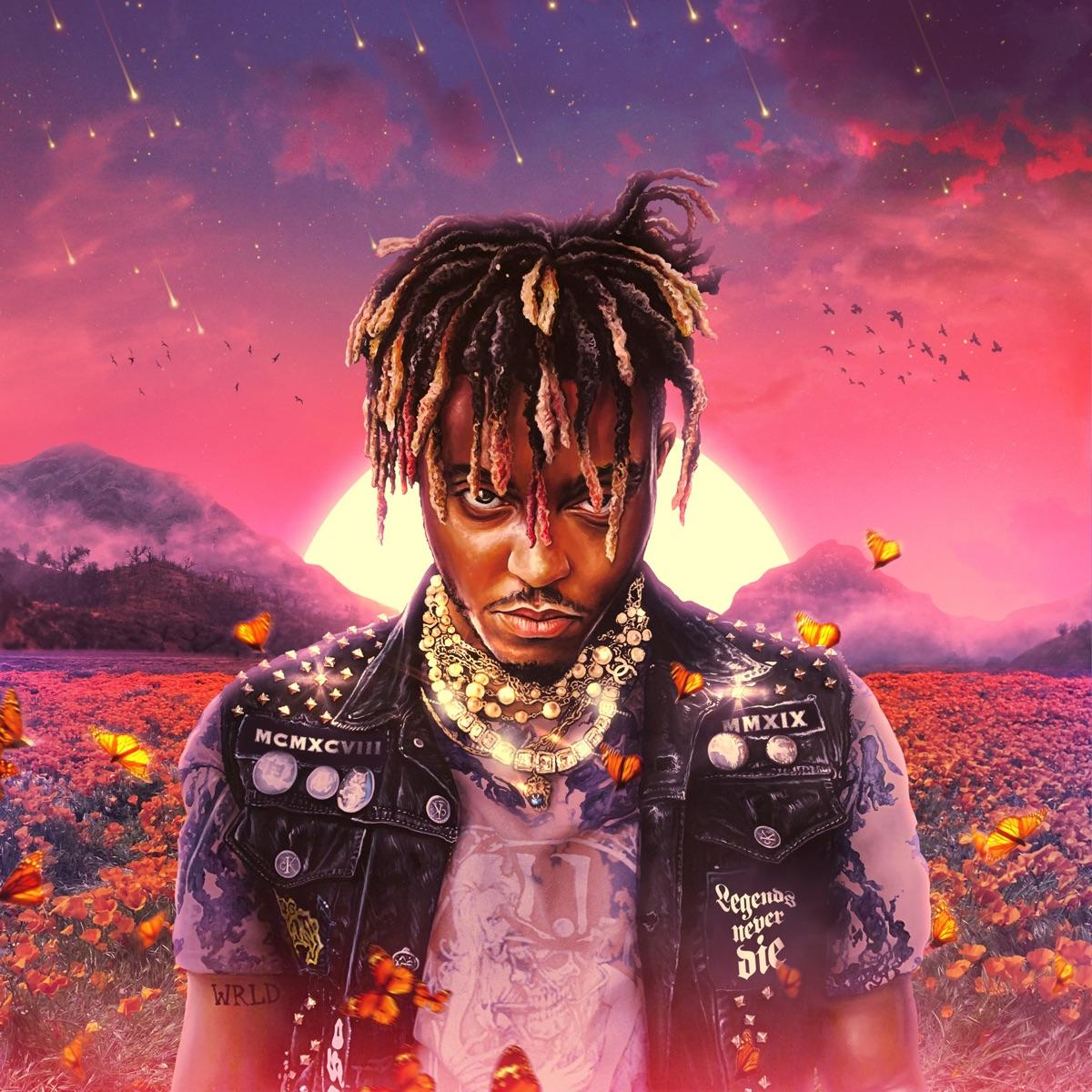 Juice WRLD albumborító. Kabátot és ékszereket visel, pillangókkal és naplementével.