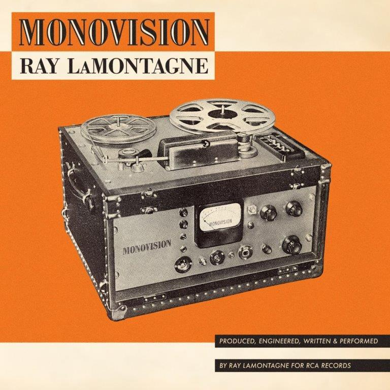 Pochette de l'album 'Monovision' de Ray LaMontagne. Une machine d'enregistrement vintage sur fond orange.