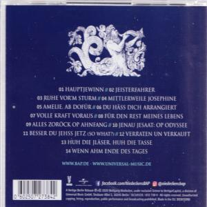 Rückseite einer CD mit Text, der Songtitel und Informationen auflistet. Blauer Hintergrund.