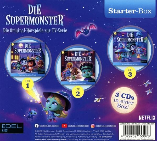 Drei CD-Hüllen für die TV-Serie 'Die Supermonster'. CD 1, 2 und 3 in einer Box. Eine Fledermaus und eine Hexe sind sichtbar.