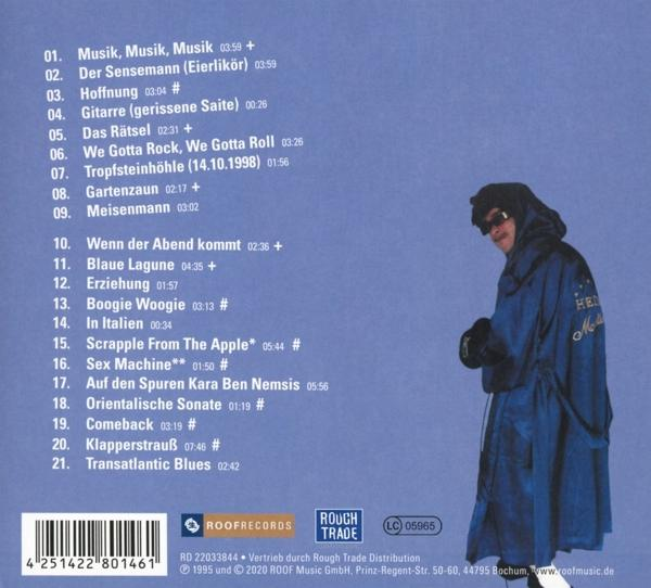 CD-Rückseite mit deutscher Trackliste und einer Person im blauen Mantel.