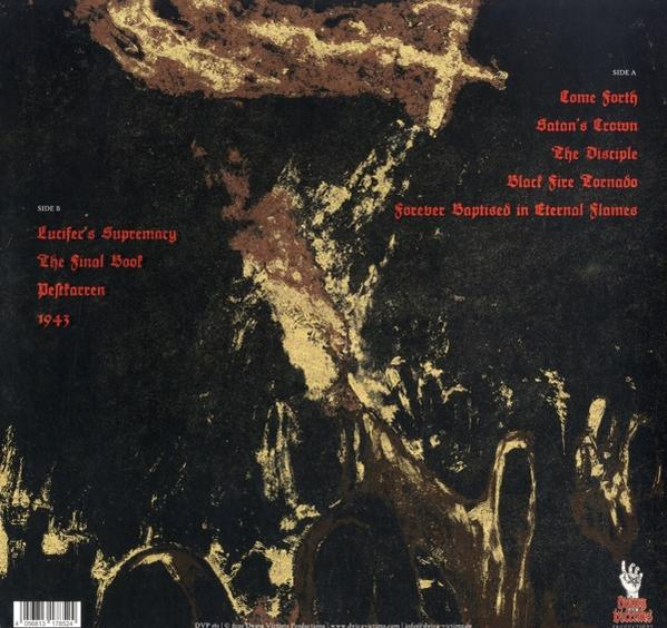 Die Rückseite einer Schallplatte mit Songtiteln und Text. Sie hat einen schwarzen Hintergrund mit Gold- und Braunmarkierungen.