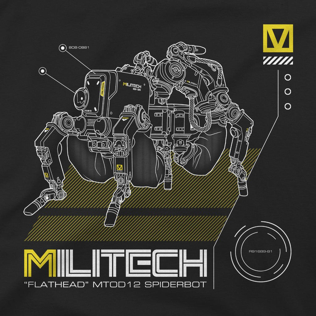 Pókszerű robot vonalrajza a MILITECH szóval. A háttér fekete, sárga díszítéssel.