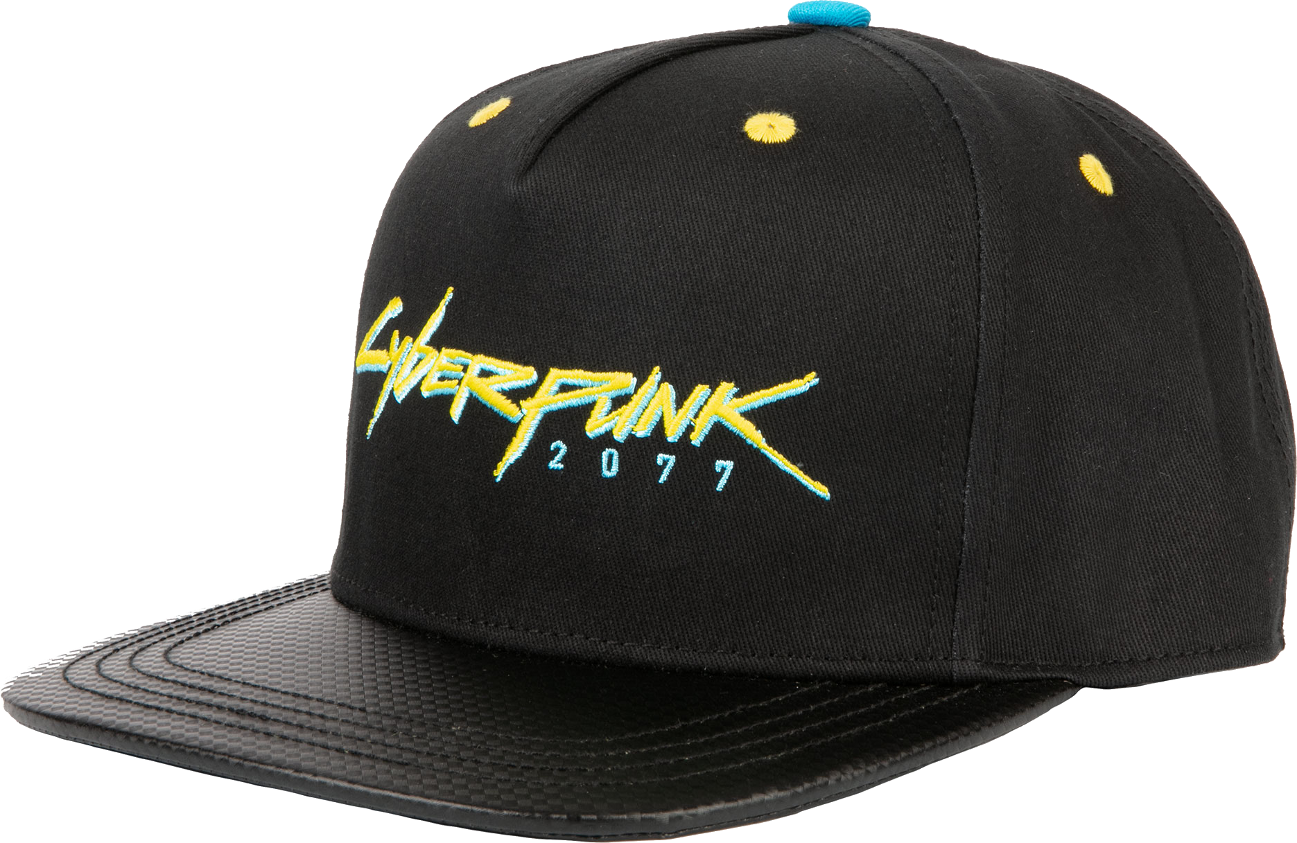 Fekete Cyberpunk 2077 sapka logóval, sárga és kék elemekkel.