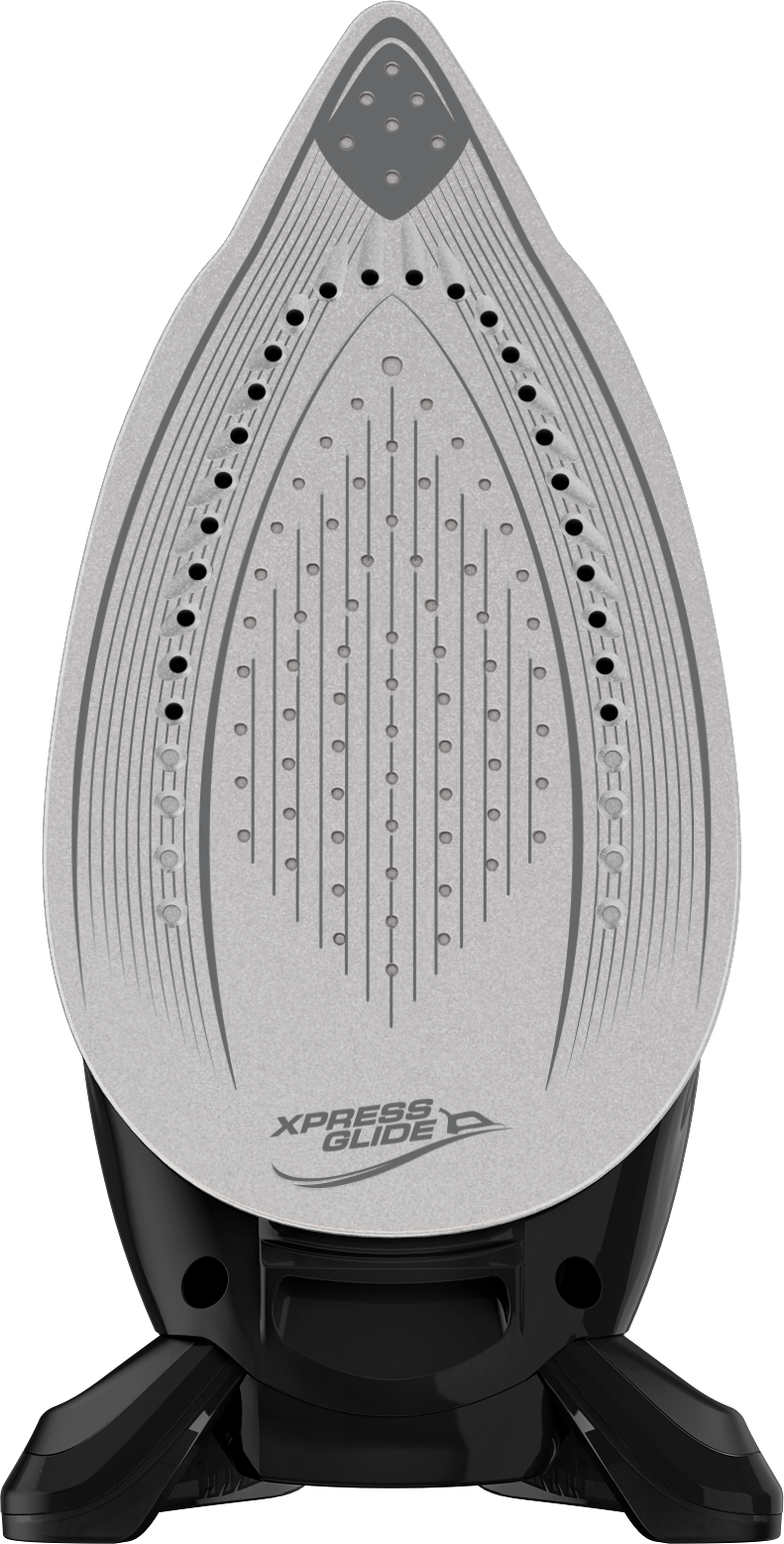Nahaufnahme einer Bügeleisensohle. Sie hat Xpress Glide und mehrere Dampflöcher. Schwarzer Griff.
