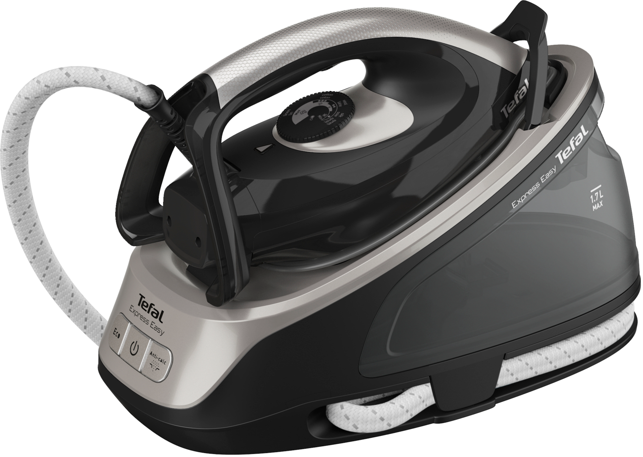 Tefal Express Easy Bügeleisen. Schwarz und Silber, mit weißem Dampfschlauch.