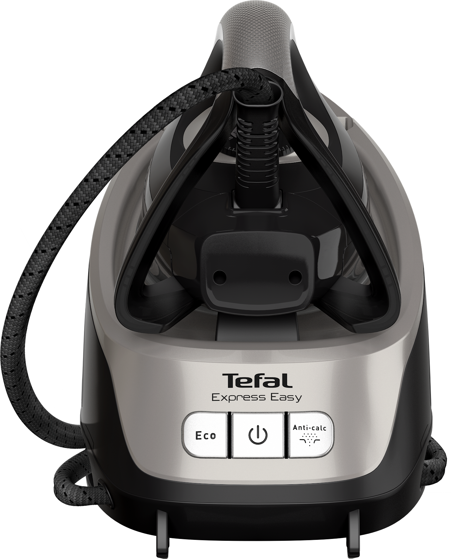 Ein schwarzes und silbernes Tefal-Bügeleisen. Knöpfe für Eco, Strom und Anti-Kalk. Schwarzes Kabel.