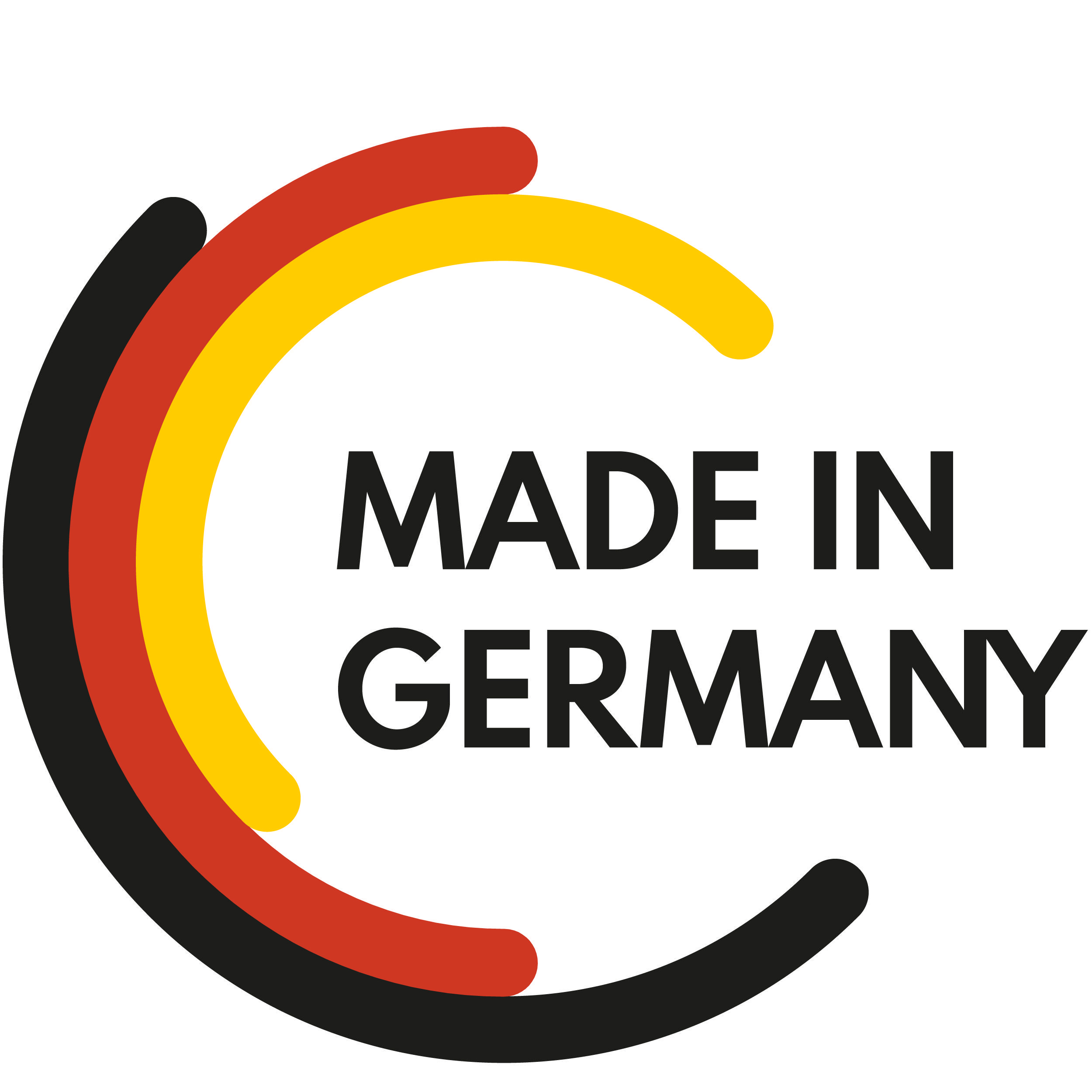 Made in Germany Logo mit schwarzen, roten und gelben Bögen.