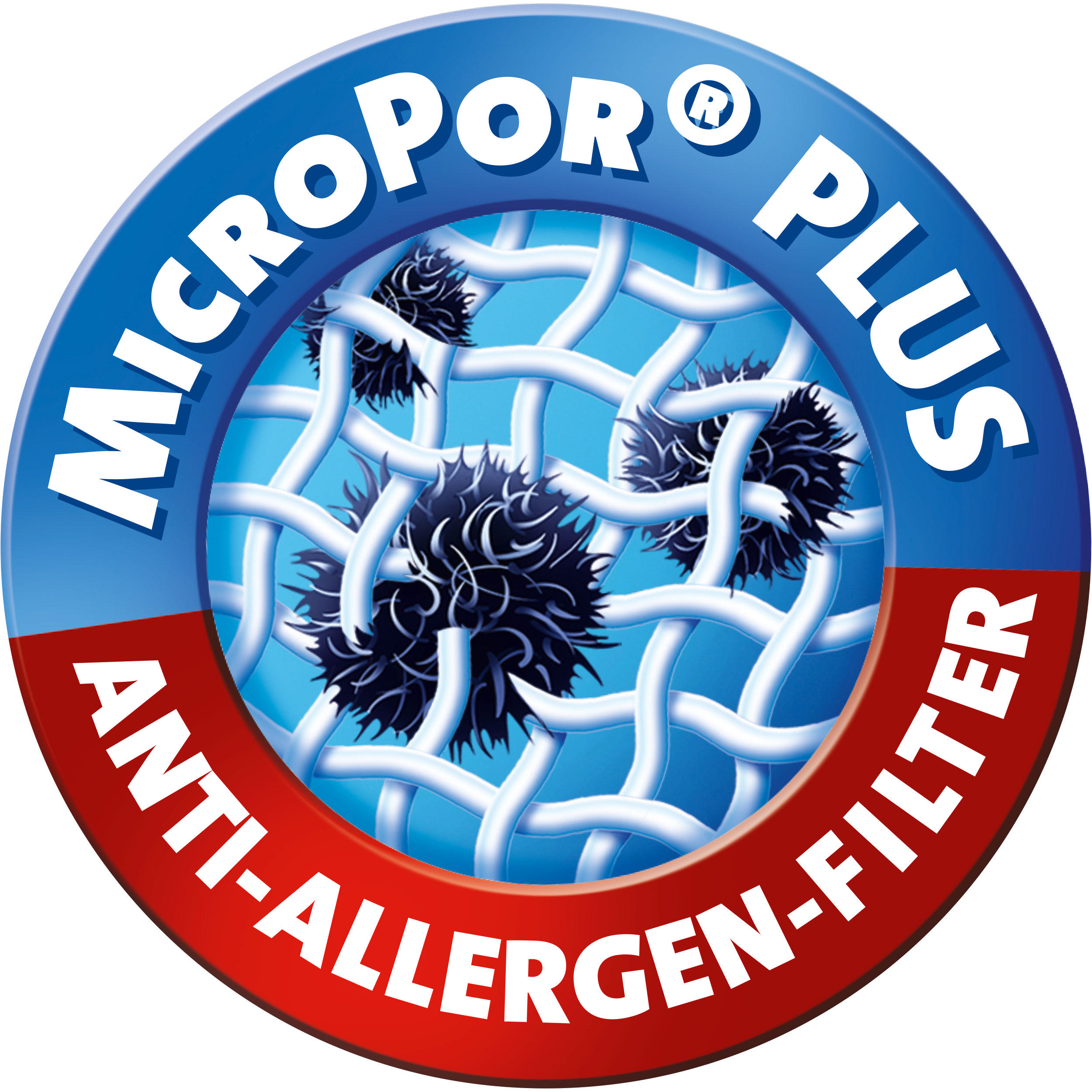 Logo mit blauem Ring, weißem Text und einem Netz mit dunklen Partikeln. Roter Text unten.