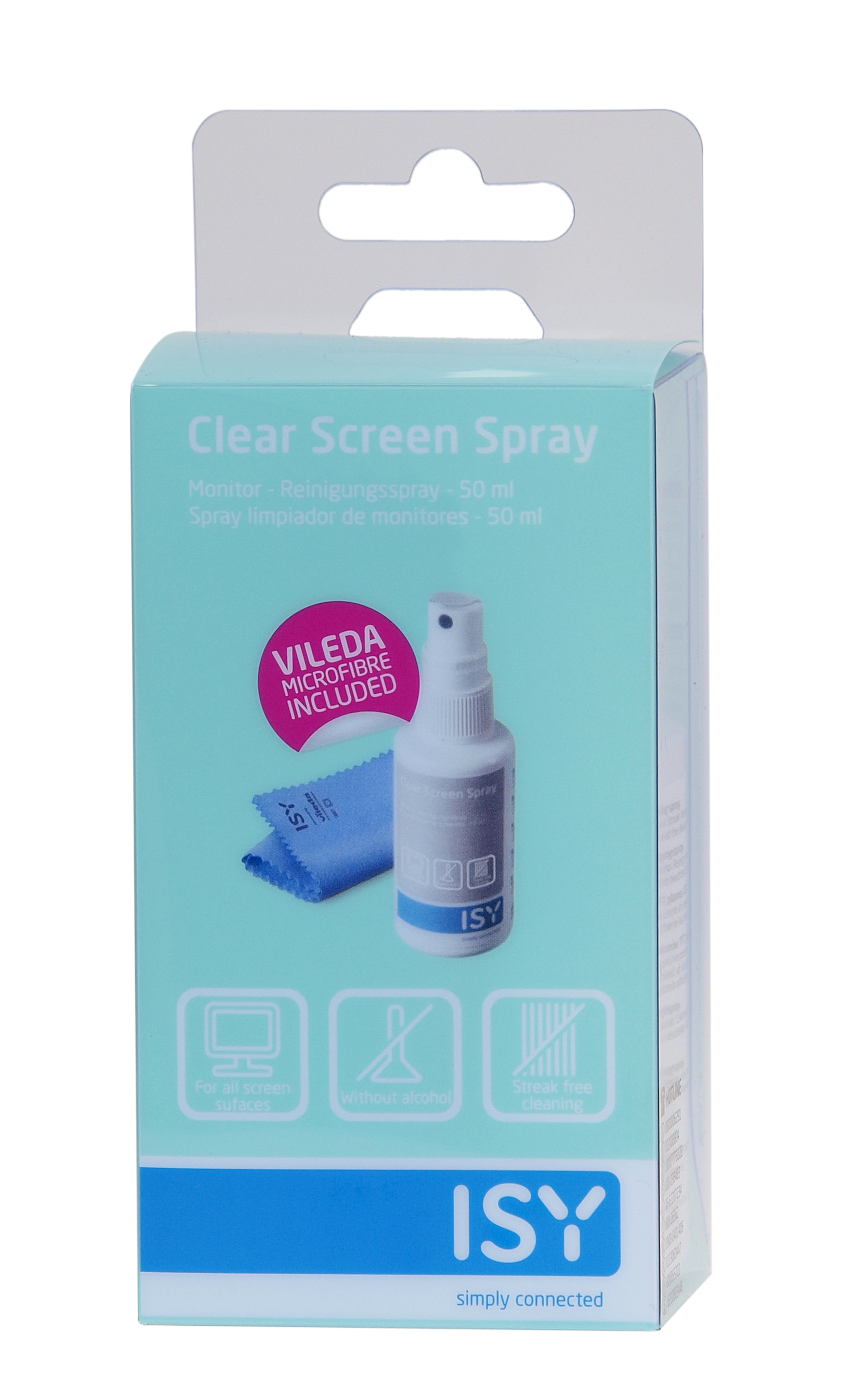 Klare Bildschirmspray-Box mit Sprühflasche und Mikrofasertuch. Weißer Hintergrund. Produkt ist von ISY.