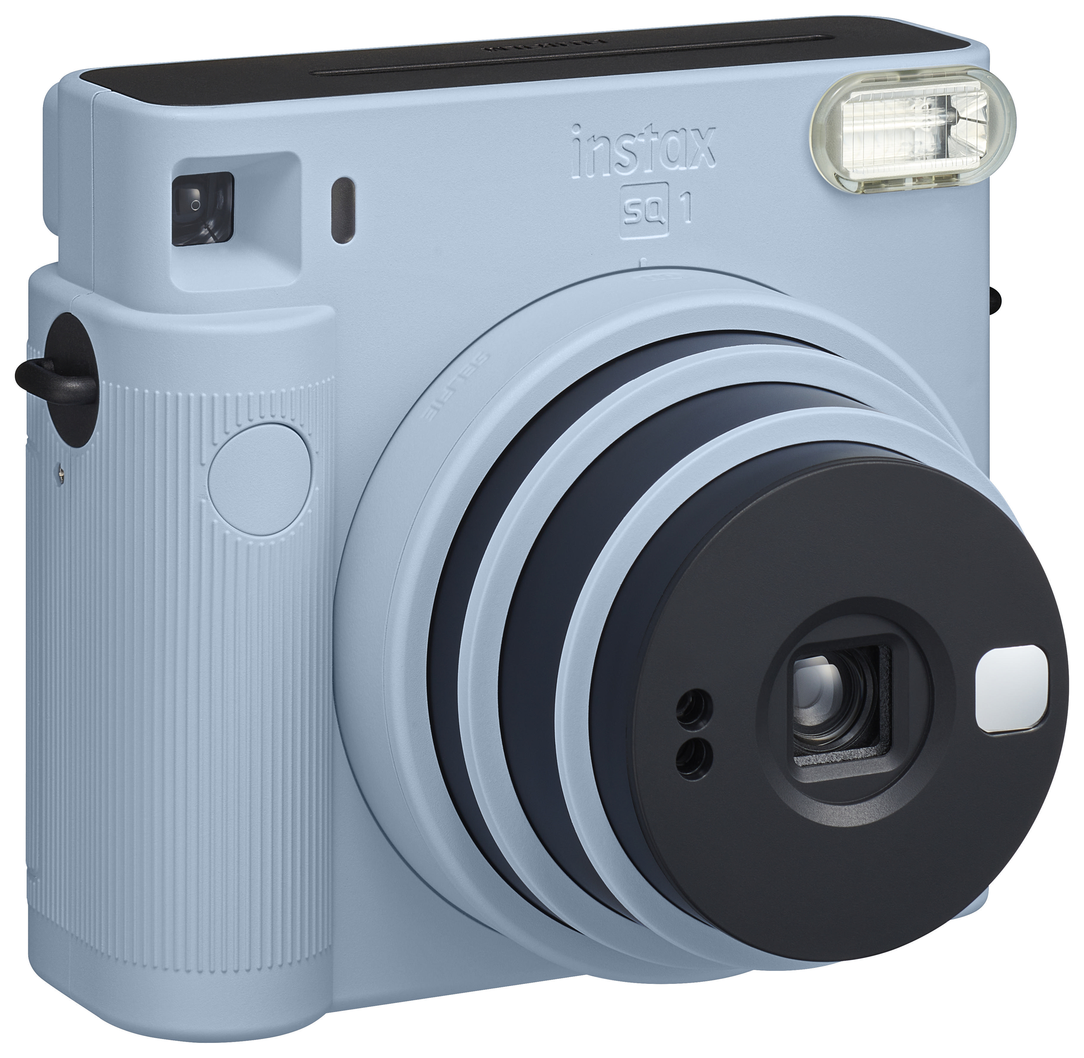 Blaue Instax sq1 Kamera, quadratische Form, mit Objektiv und Blitz auf der Vorderseite, isoliert.
