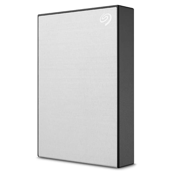 A black and white external hard drive. It has a white fabric-like front and black edges. The background is white.