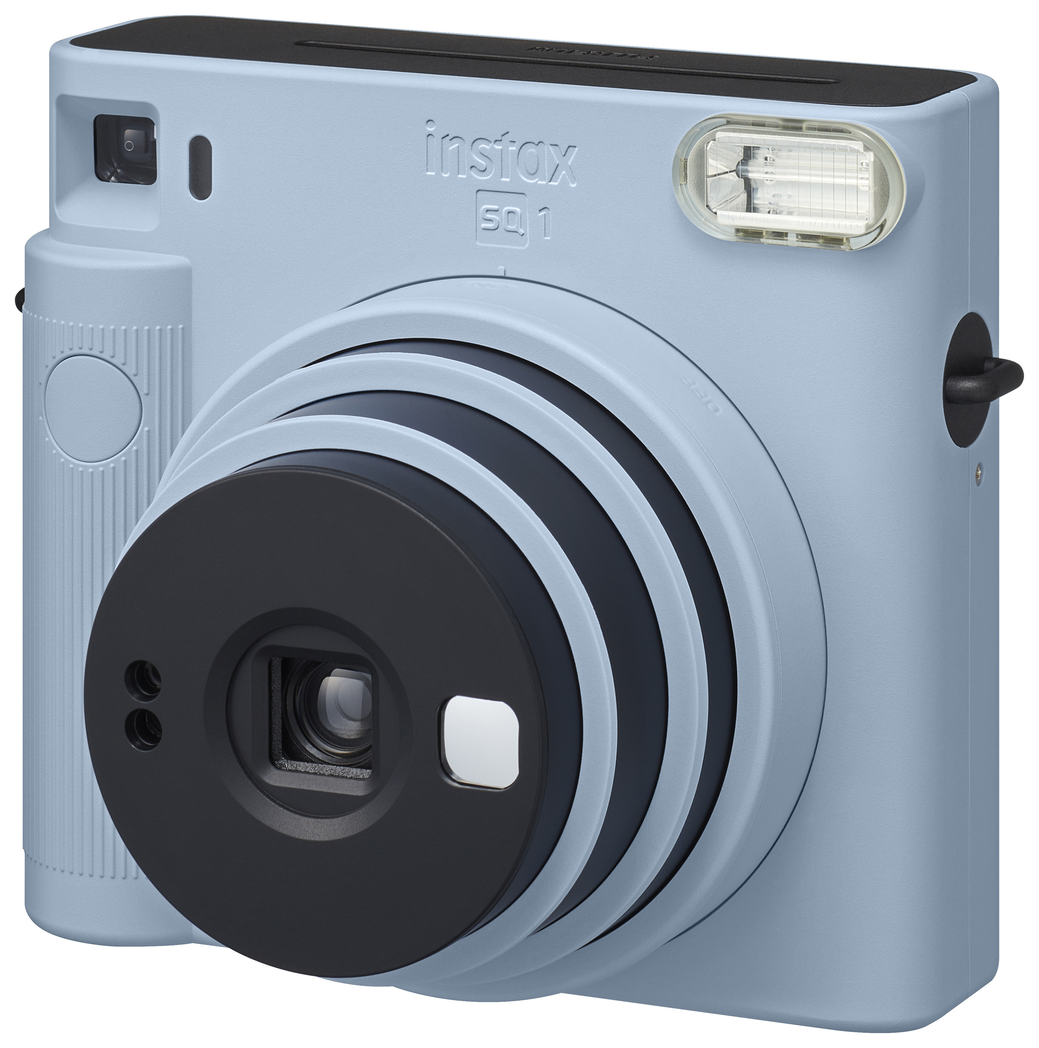 Eine hellblaue Instax SQ1 Kamera mit schwarzem Objektiv und Blitz.