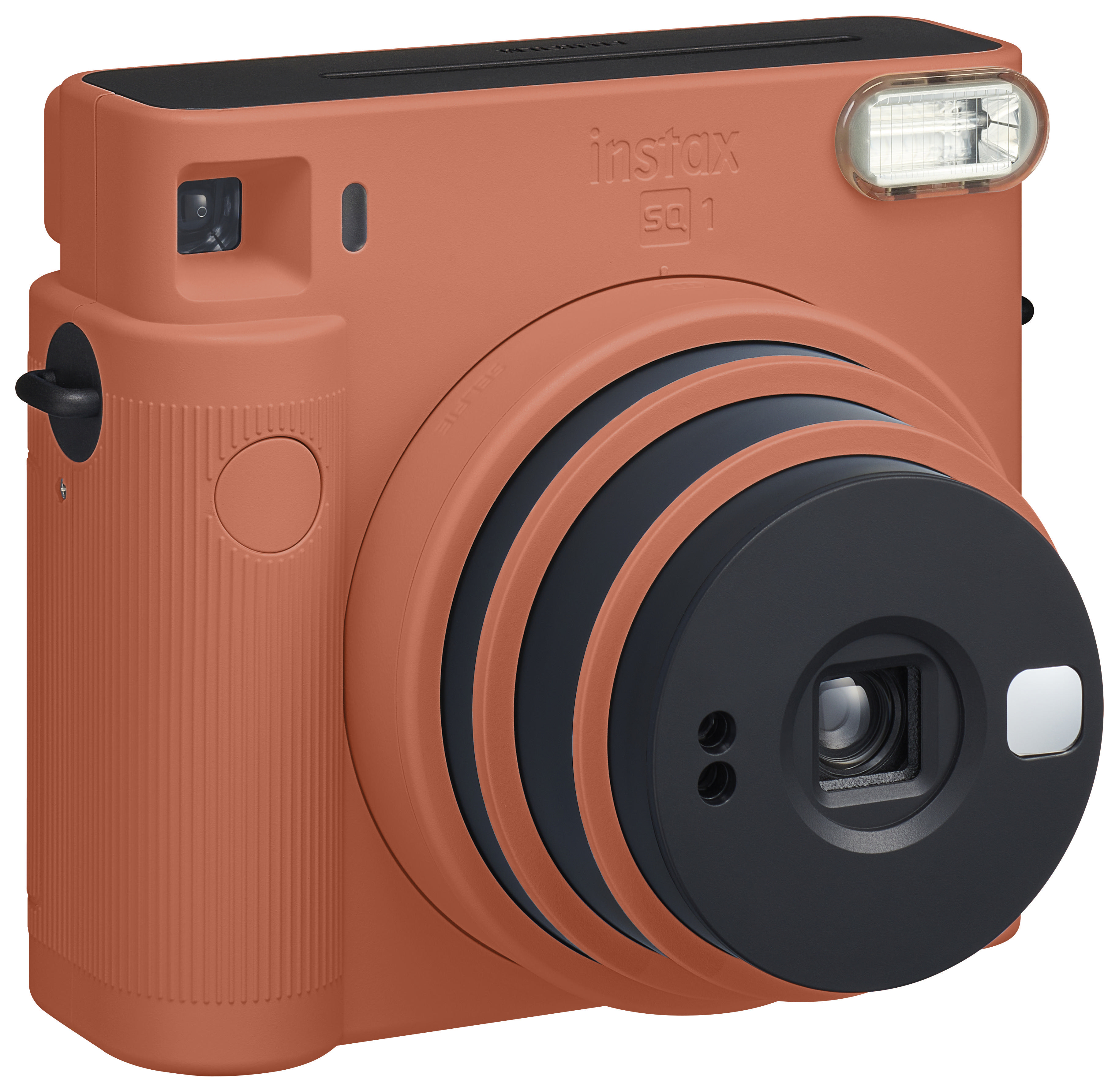 Orangefarbene Instax sq1 Sofortbildkamera. Schwarzes Objektiv, Blitz und Knöpfe sichtbar.
