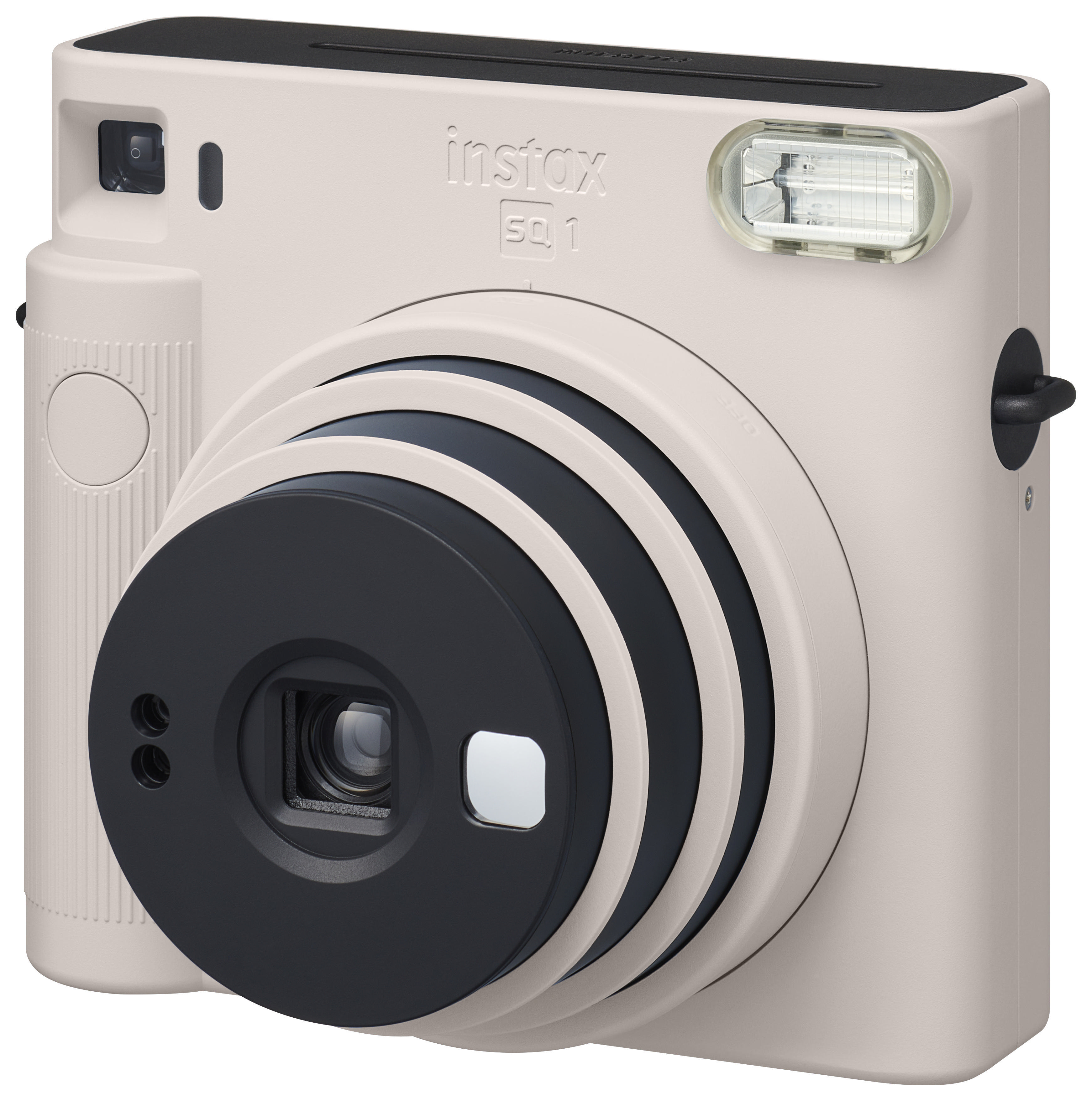 Eine cremefarbene Instax SQ1 Kamera mit schwarzem Objektiv und Blitz.