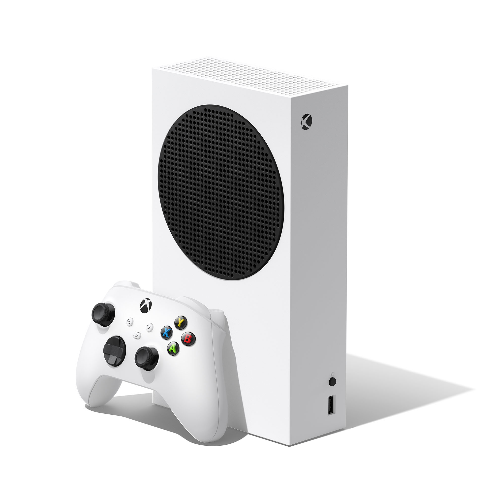 Beyaz bir arka plan üzerinde beyaz Xbox Series S konsolu ve kontrol cihazı.