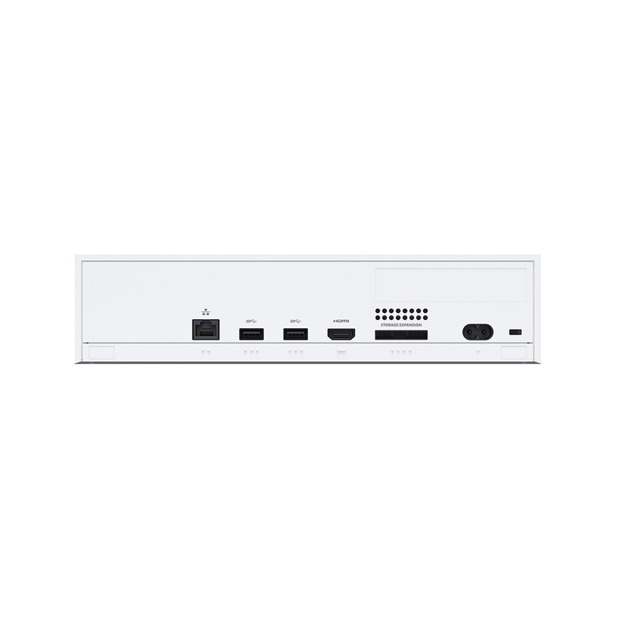 Beyaz bir Xbox Series X konsolunun arka paneli, bağlantı noktaları ve havalandırmalarla.
