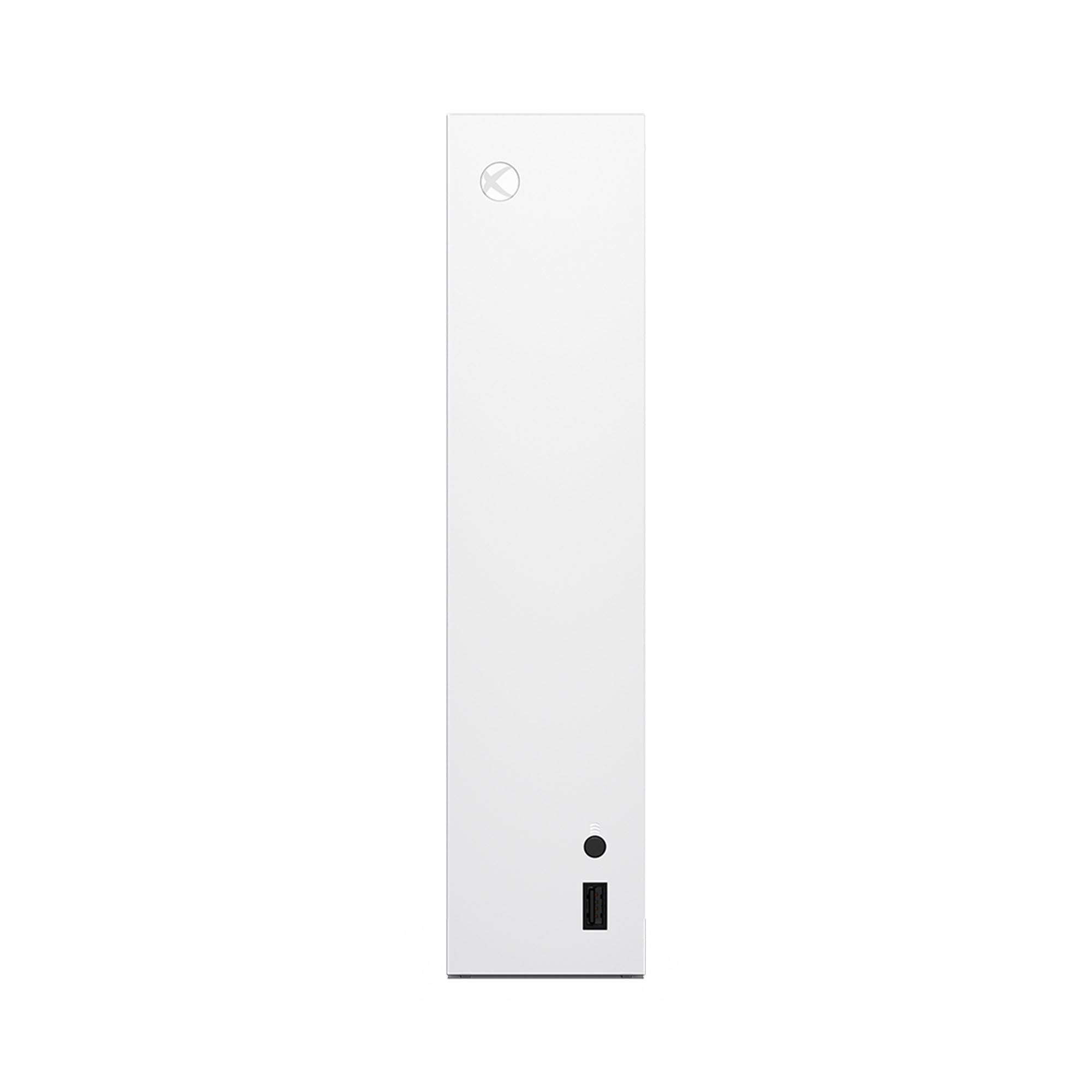 Küçük bir güç düğmesi ile dikey duran beyaz Xbox Series S konsolu.