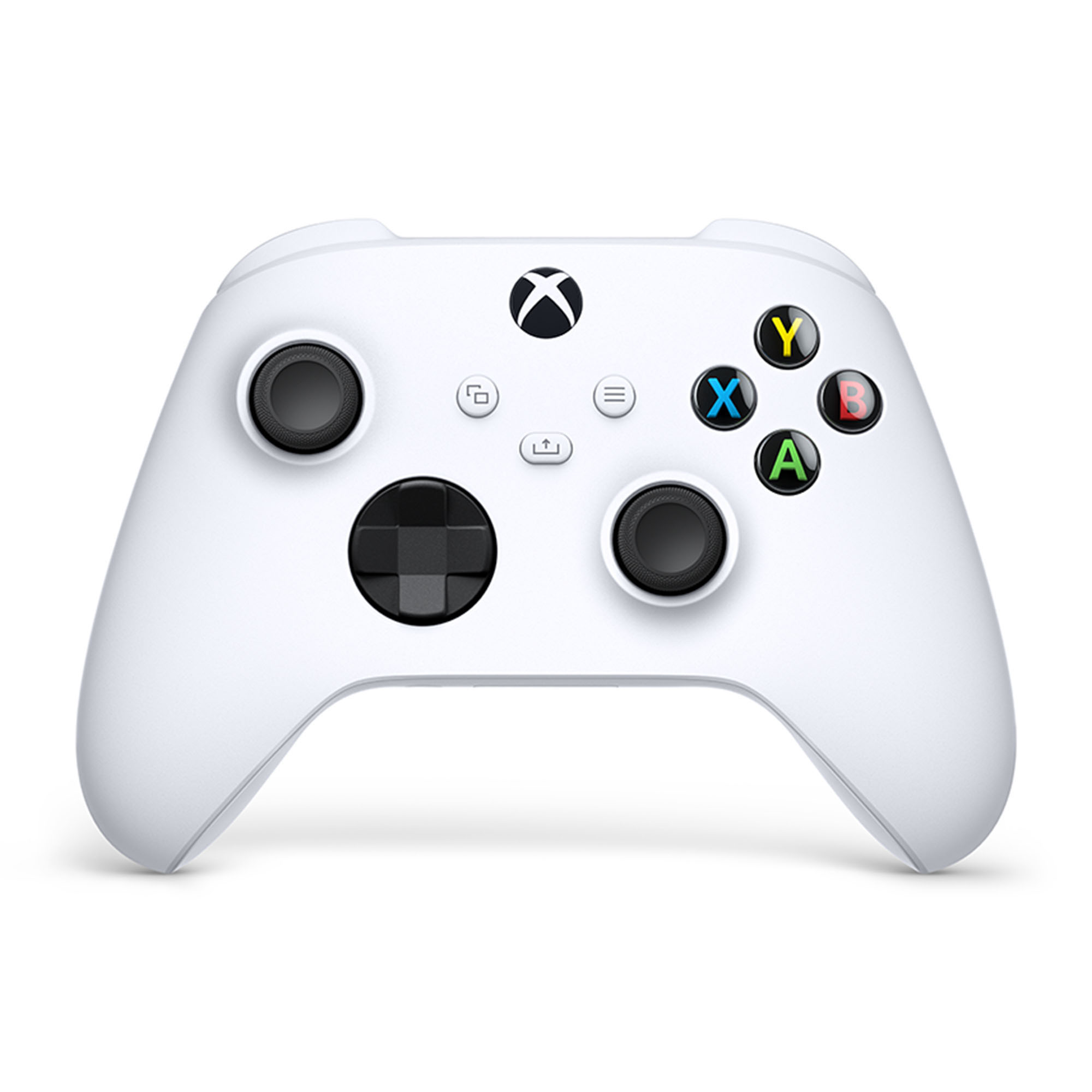 Renkli düğmeleri, siyah bir D-pad'i ve iki siyah oyun çubuğu olan beyaz bir Xbox denetleyicisi. Beyaz bir arka plan üzerinde.