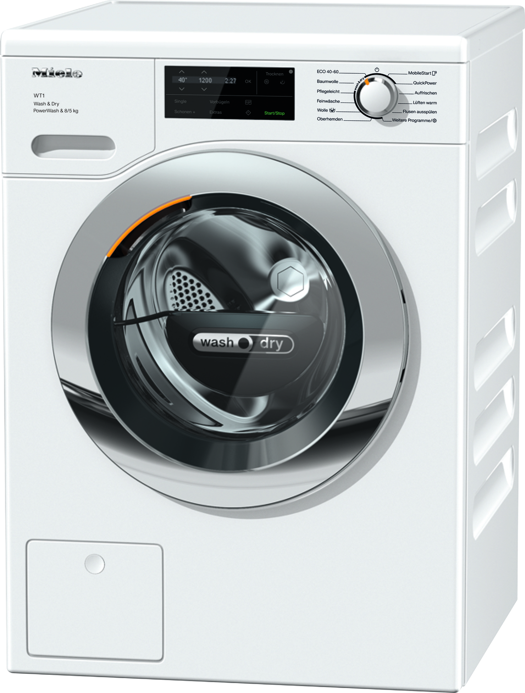 Weiße Miele Waschmaschine. Sie hat eine runde Tür, ein Bedienfeld und eine Schublade.