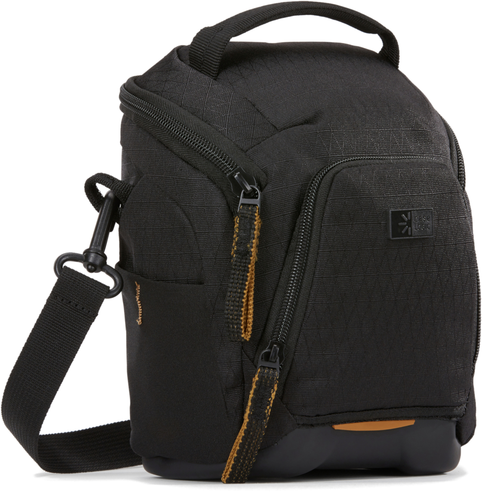 Zwarte cameratas met een riem en ritsvakken. Heeft een Case Logic logo.