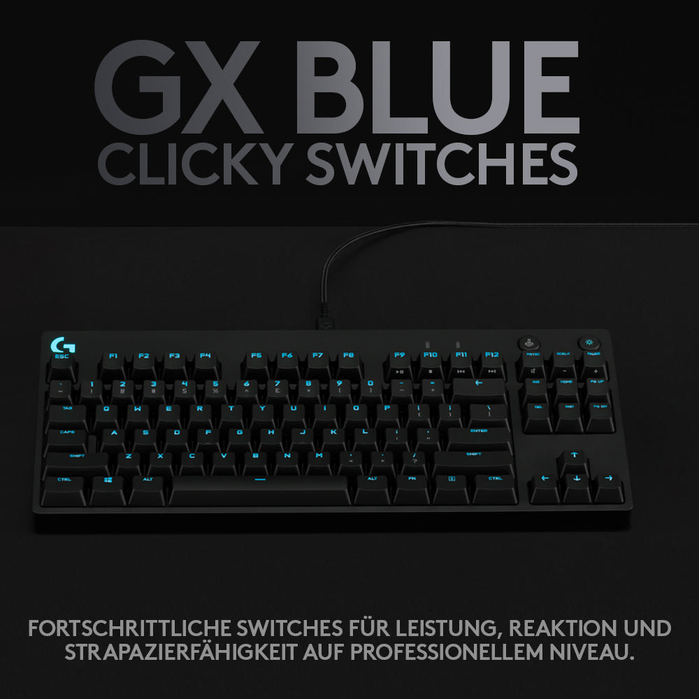 Eine schwarze Tastatur mit blau beleuchteten Tasten. Sie hat GX Blue Clicky-Schalter. Text: 'GX BLUE CLICKY SWITCHES'.