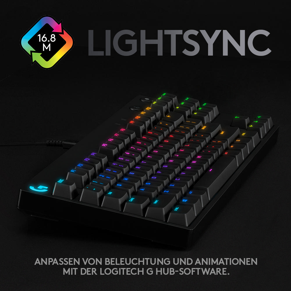 Schwarze Gaming-Tastatur mit bunten Lichtern, mit LightSync-Logo und Text.