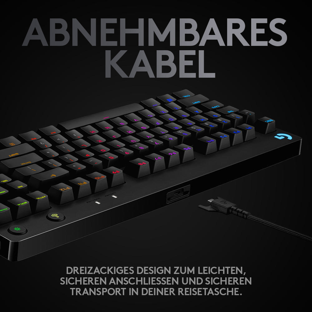 Schwarze Gaming-Tastatur mit bunten Tasten und abnehmbarem Kabel. Verfügt über ein schlankes Design.