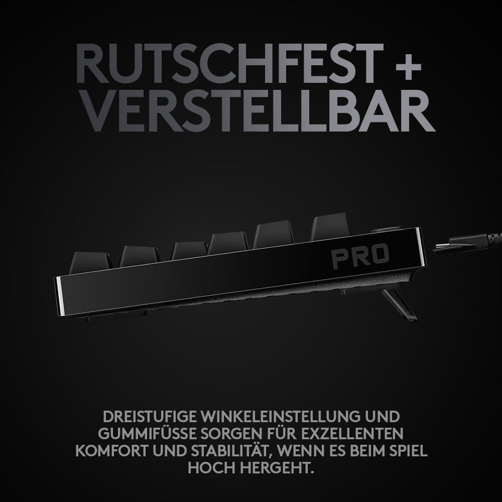 Eine schwarze Tastatur mit weißem Text, der „PRO“ sagt. Text unten: „RUTSCHFEST + VERSTELLBAR“.