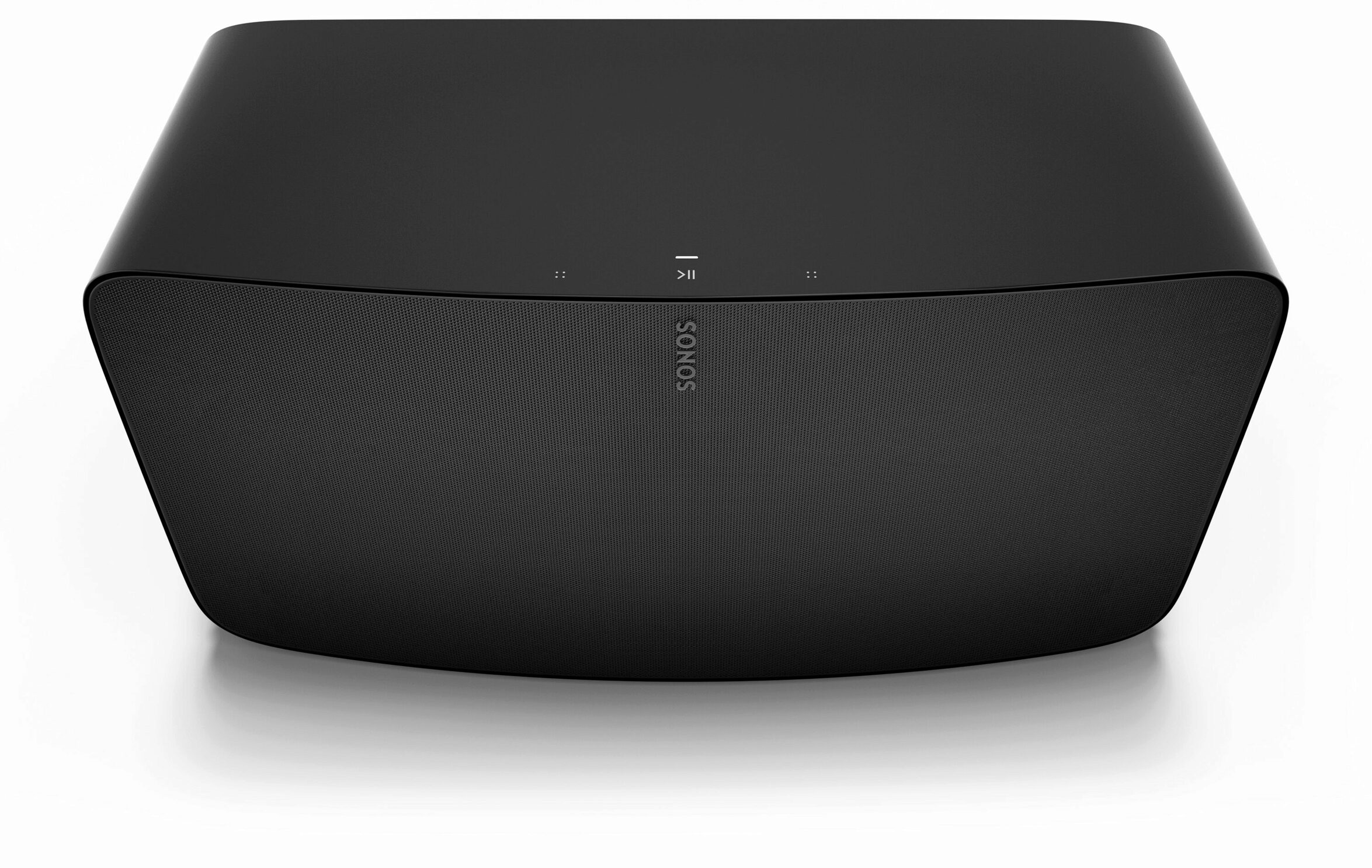 Fekete Sonos hangszóró. Elölnézet. Lejátszás/szünet gomb és hangerőszabályzók láthatók.