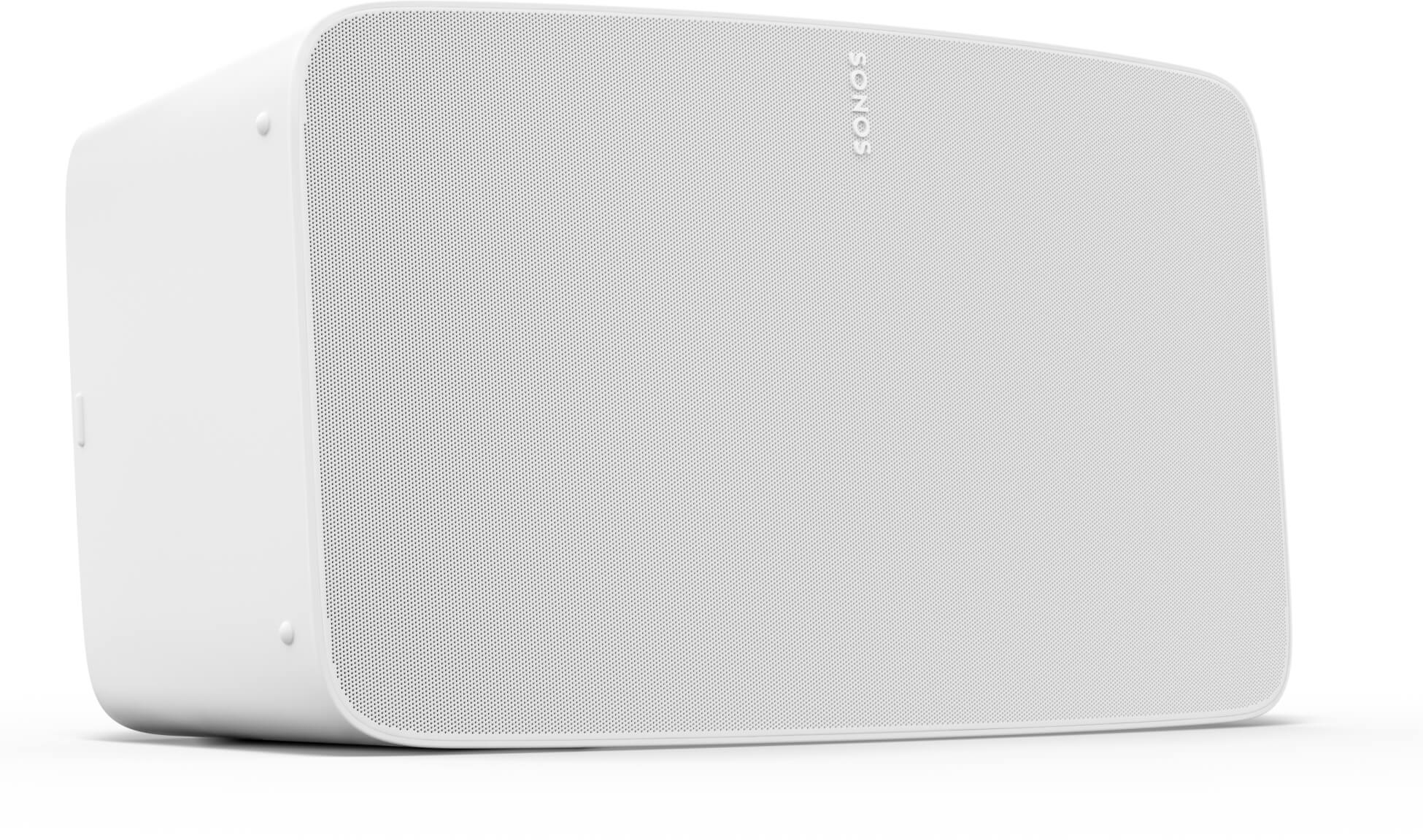 Fehér Sonos hangszóró. A hangszóró téglalap alakú. Fehér, fekete hangszóró rács.