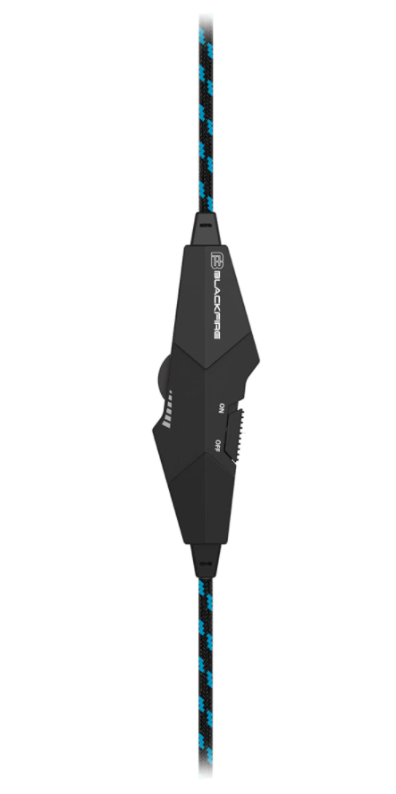 Control de cable negro con cable trenzado azul y negro. Logotipo 'Blackfire' visible.