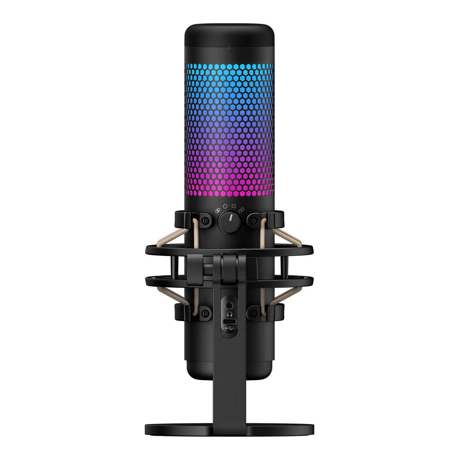 Schwarzes HyperX-Mikrofon mit farbenfrohem, beleuchtetem Mesh, auf einem Ständer.
