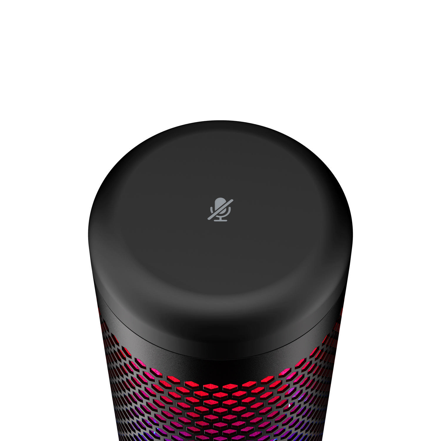 Schwarze Lautsprecher-Oberseite mit Mikrofonsymbol. Der Sockel hat ein Wabendesign mit farbigen Lichtern.