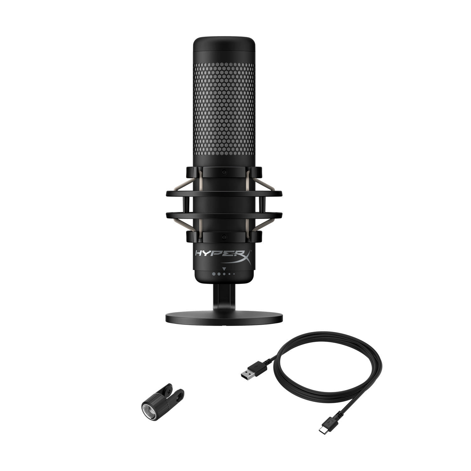 Schwarzes Mikrofon mit Metallgitterkopf, Ständer, USB-Kabel und kleinem Adapter.