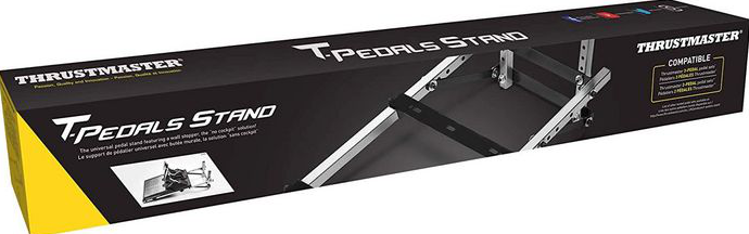 Confezione del Thrustmaster T-Pedals Stand, scatola nera e gialla con immagini del prodotto e logo.